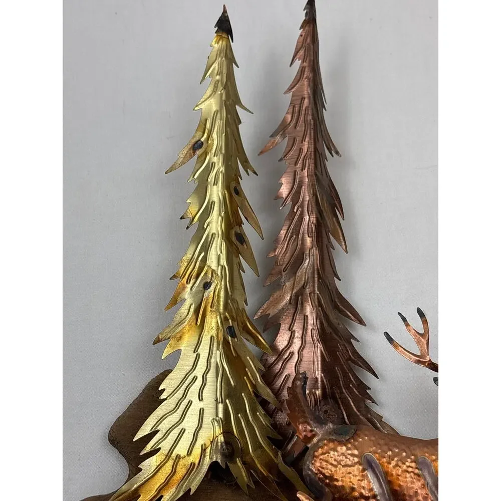 Vintage Copper Tin Metal Wall Art 3D Sculpture Buck Deer in Forest MCM Rustic